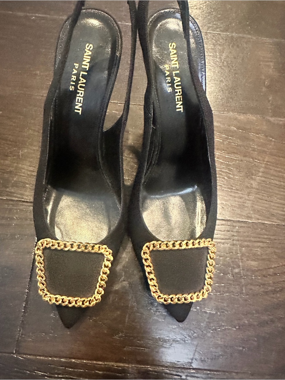 Saint Laurent Black Pointed Slingback Pumps with Gold Chain Buckle